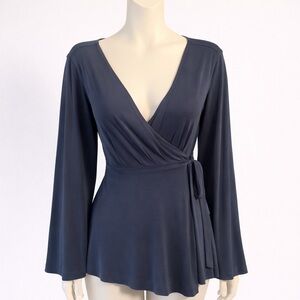 Free People Navy Wrap Tie Front Blouse flare sleeve boho bohemian